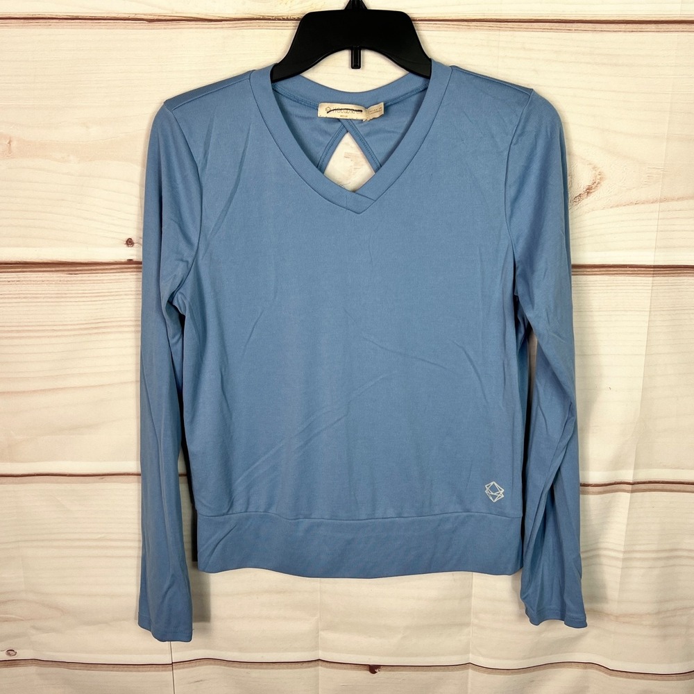 Hologram Top Womens M Blue Ribbed Knit T-Shirt Long Sleeve V-Neck Cut Out Back
